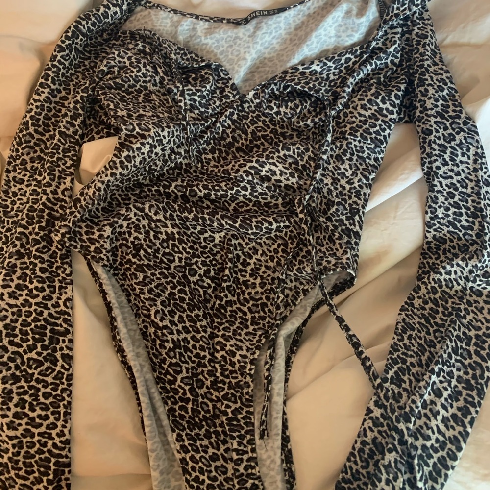 Xs Tie Neck Leopard Print High Leg Bodysuit